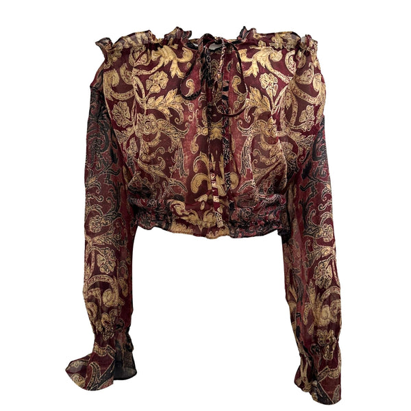 Roberto Cavalli Silk Red + Gold Baroque Print Top