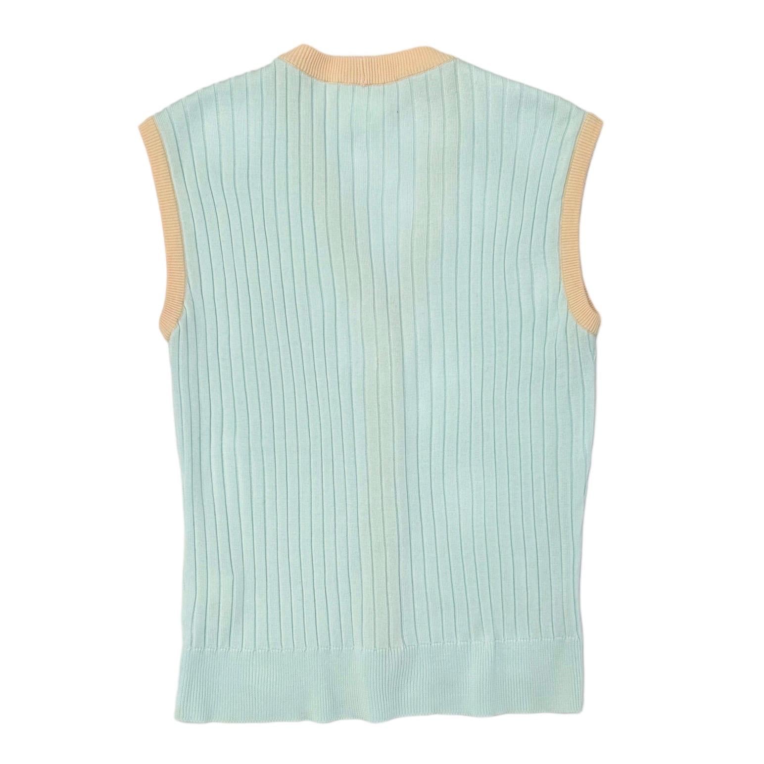 CHANEL 15P Slate Blue V Neck Hi-Lo Hem Sleeveless Cotton Knit Sweater Vest  FR 42