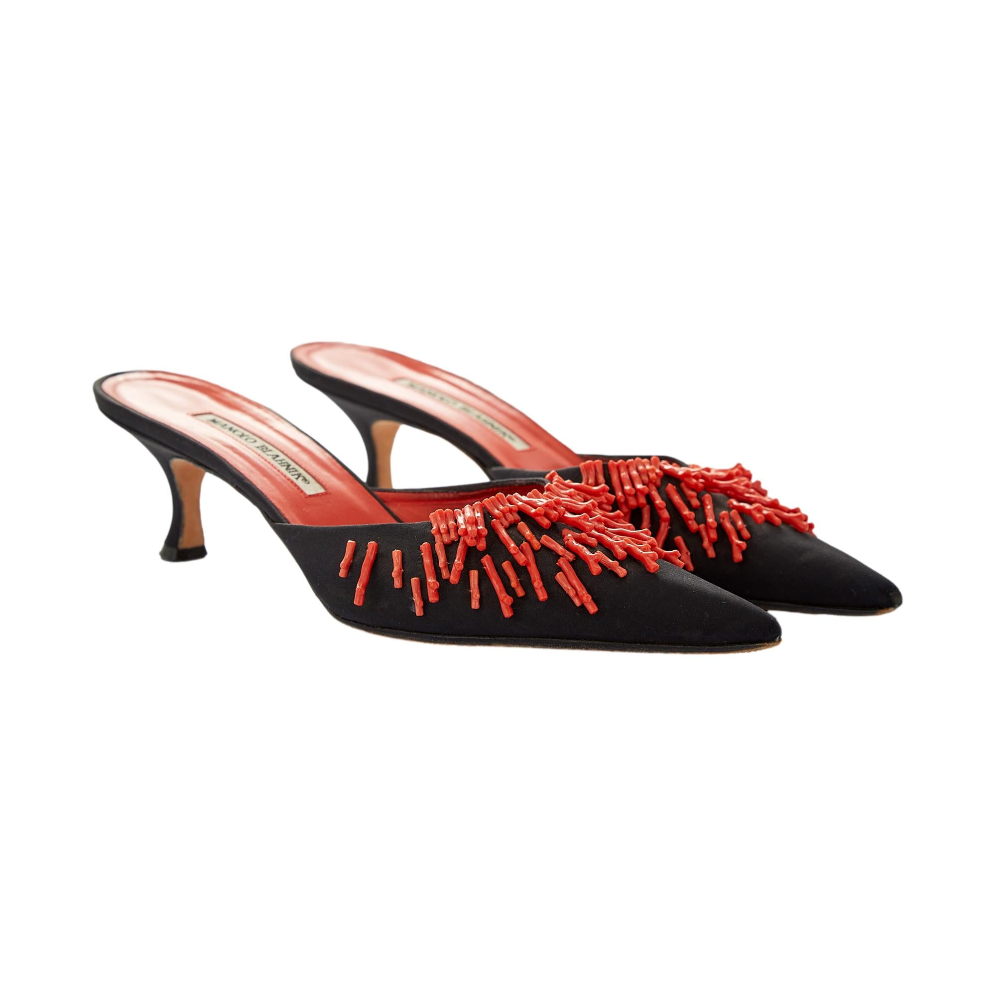 Manolo Blahnik Multi Coral Beaded Kitten Heel Mules