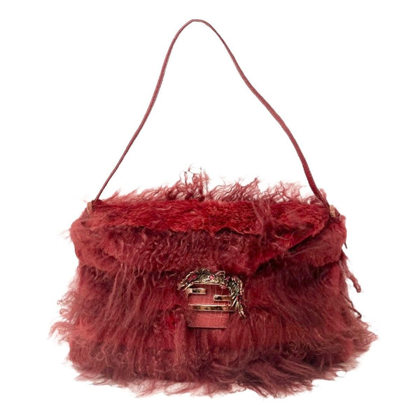 Fendi Red Fur Rhinestone Logo Baguette Bag