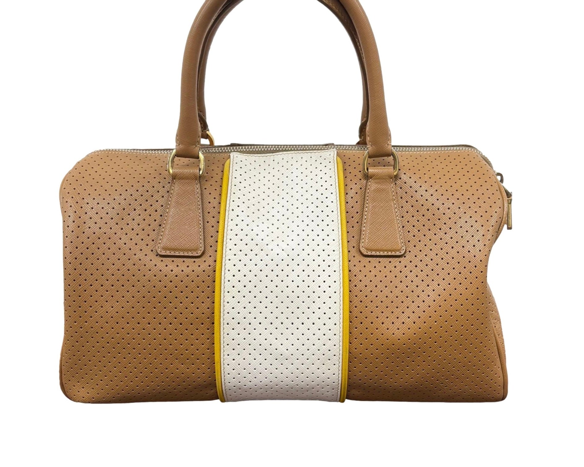Prada Tan Leather Perforated Boston Bag