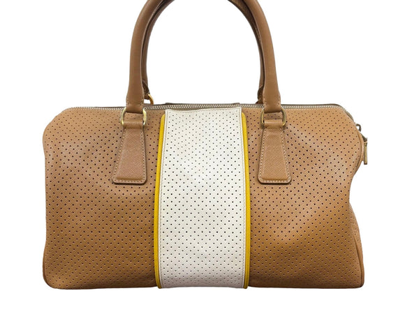 Prada Tan Leather Perforated Boston Bag