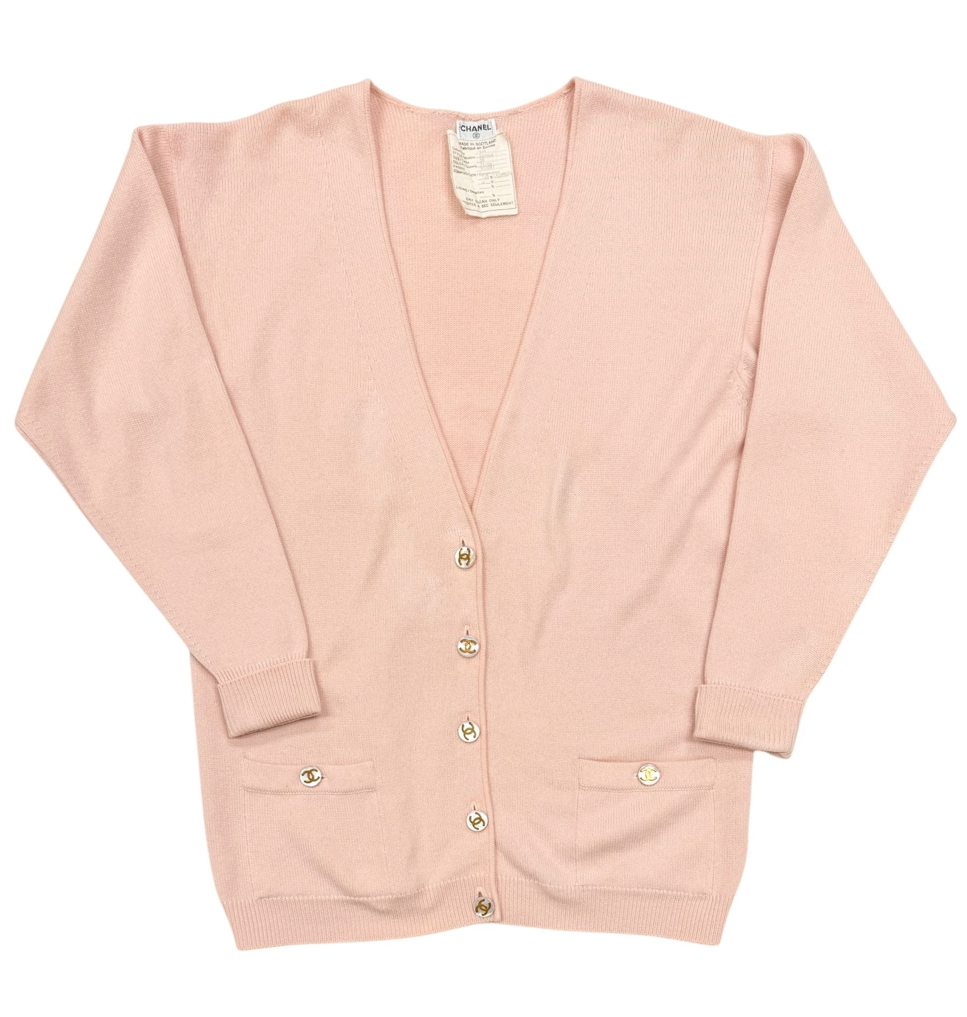 Chanel Pink Logo Button Cardigan