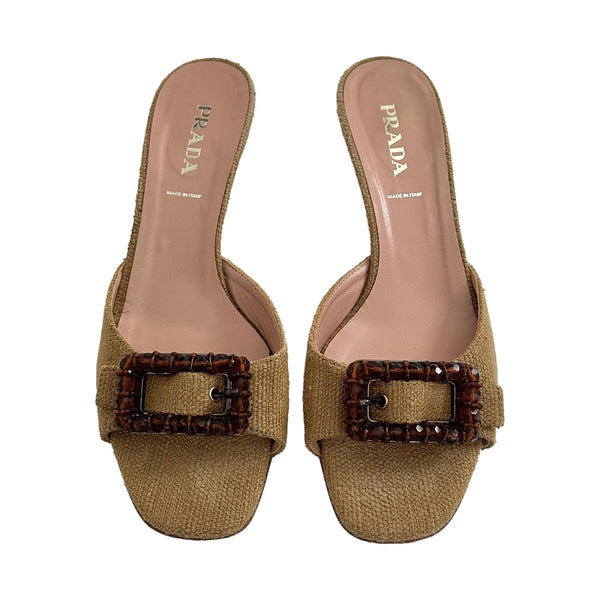 Prada Raffia Beaded Buckle Kitten Heels