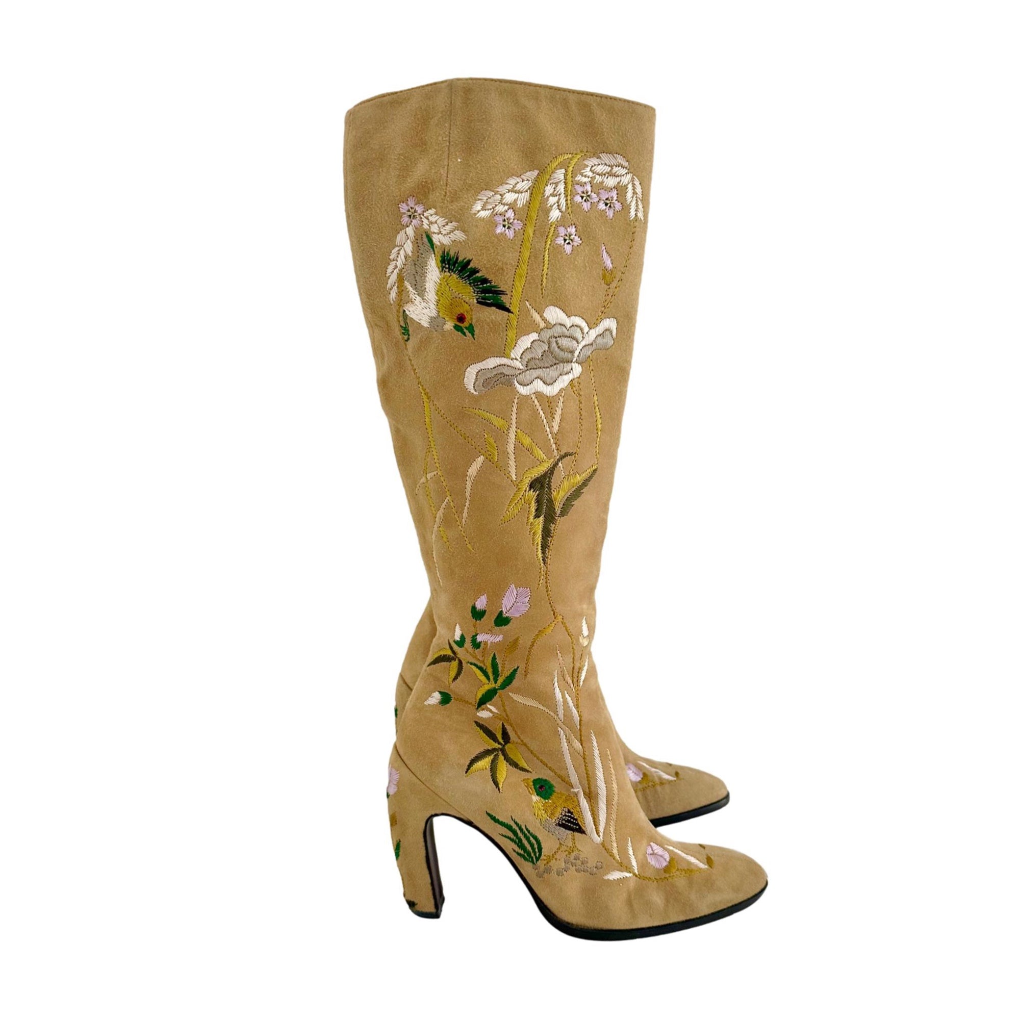 Fendi Tan Suede Embroidered Boots