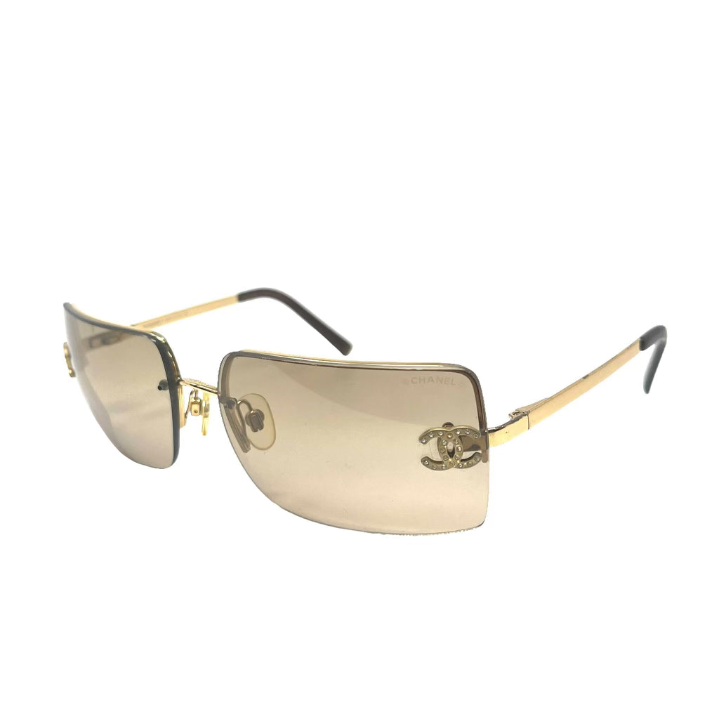 Chanel Rhinestone Gold + Brown Rimless Logo Sunglasses – Treasures