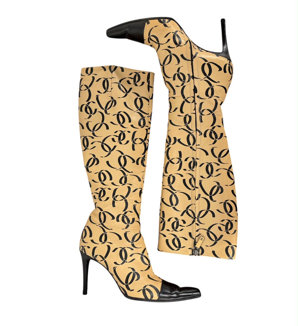 Chanel Tan Logo Knee-High Boots