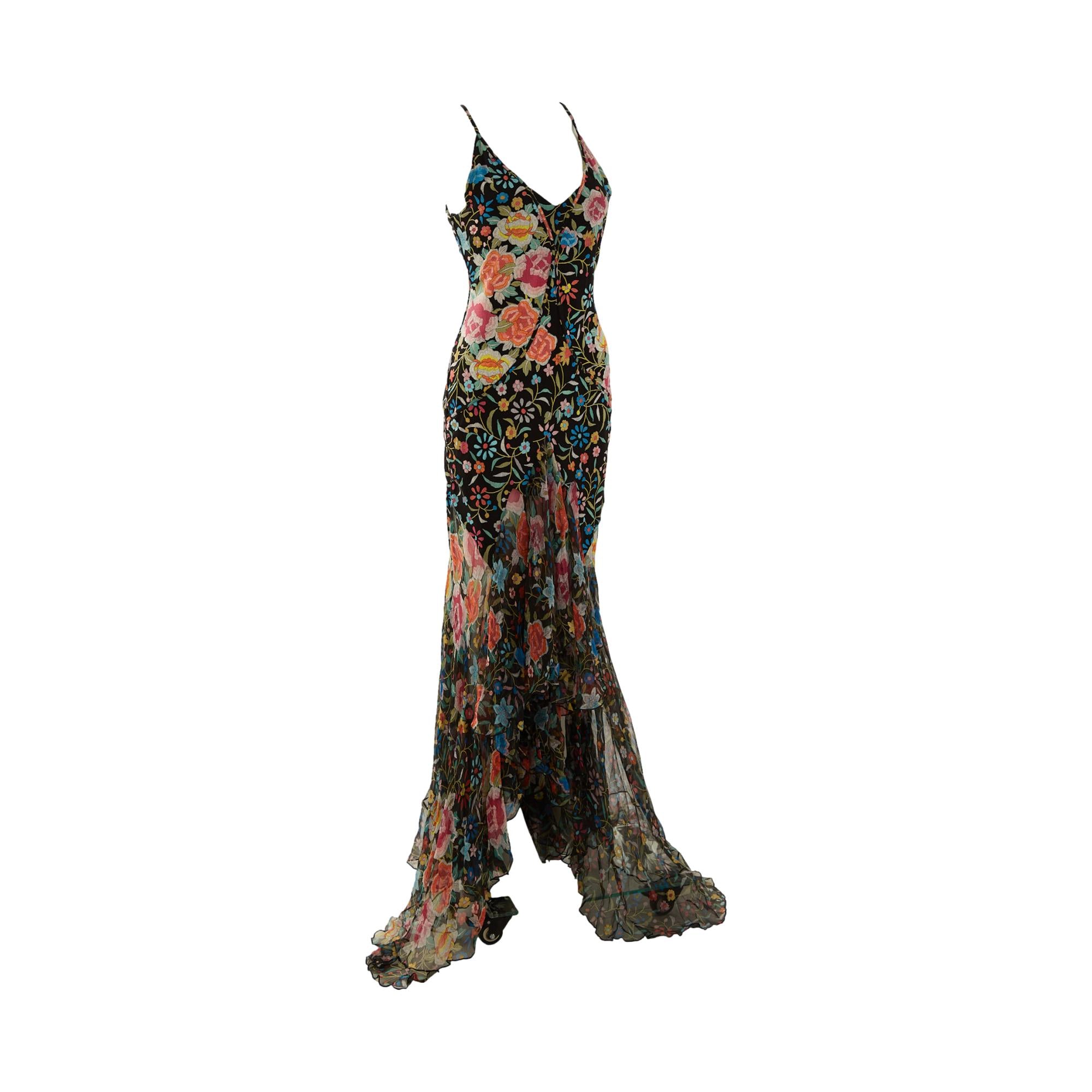 Roberto Cavalli Black Floral Ruffle Gown