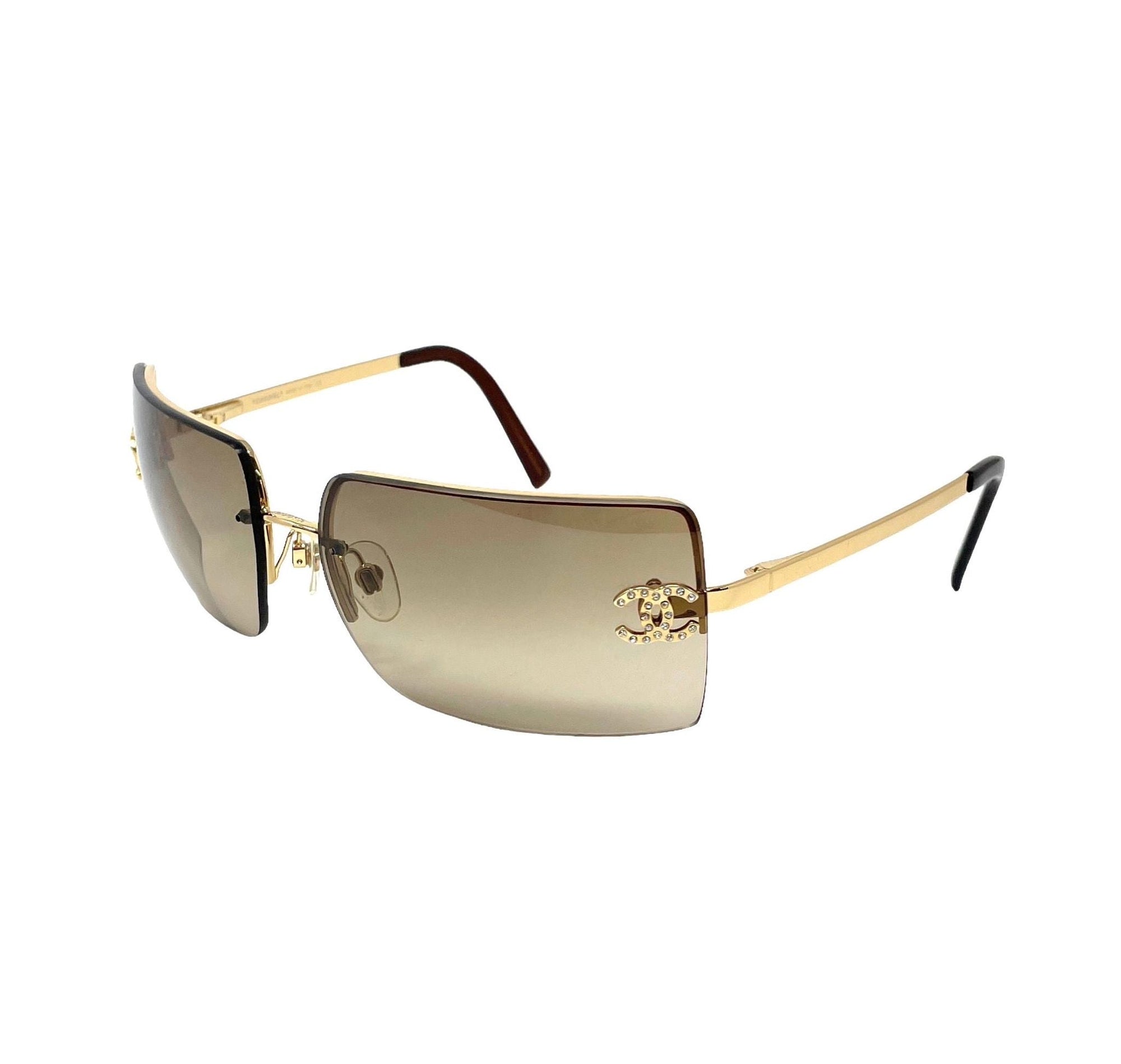 Chanel Brown Rhinestone Logo Rimless Sunglasses