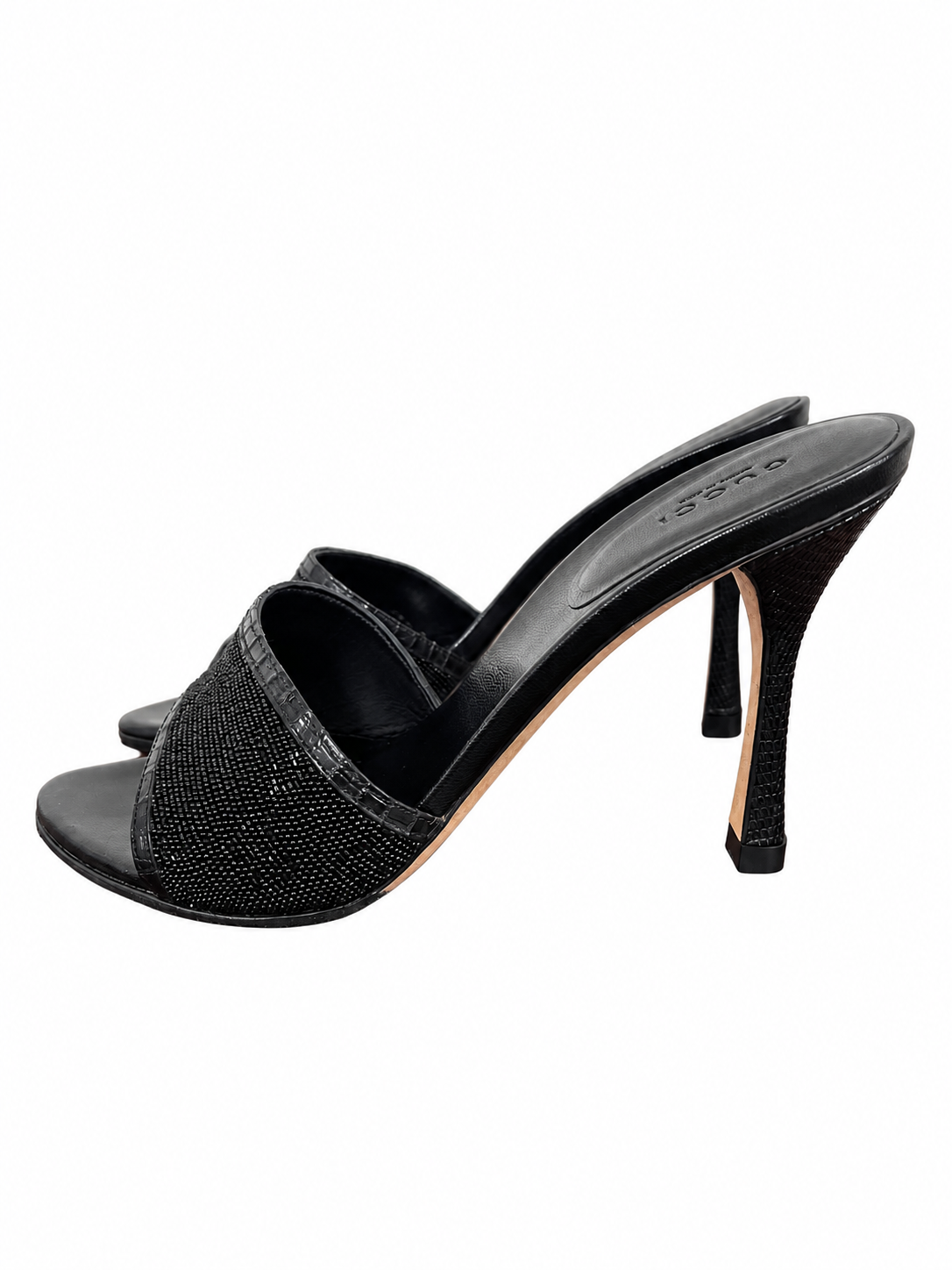 Gucci Black Beaded Logo Heels