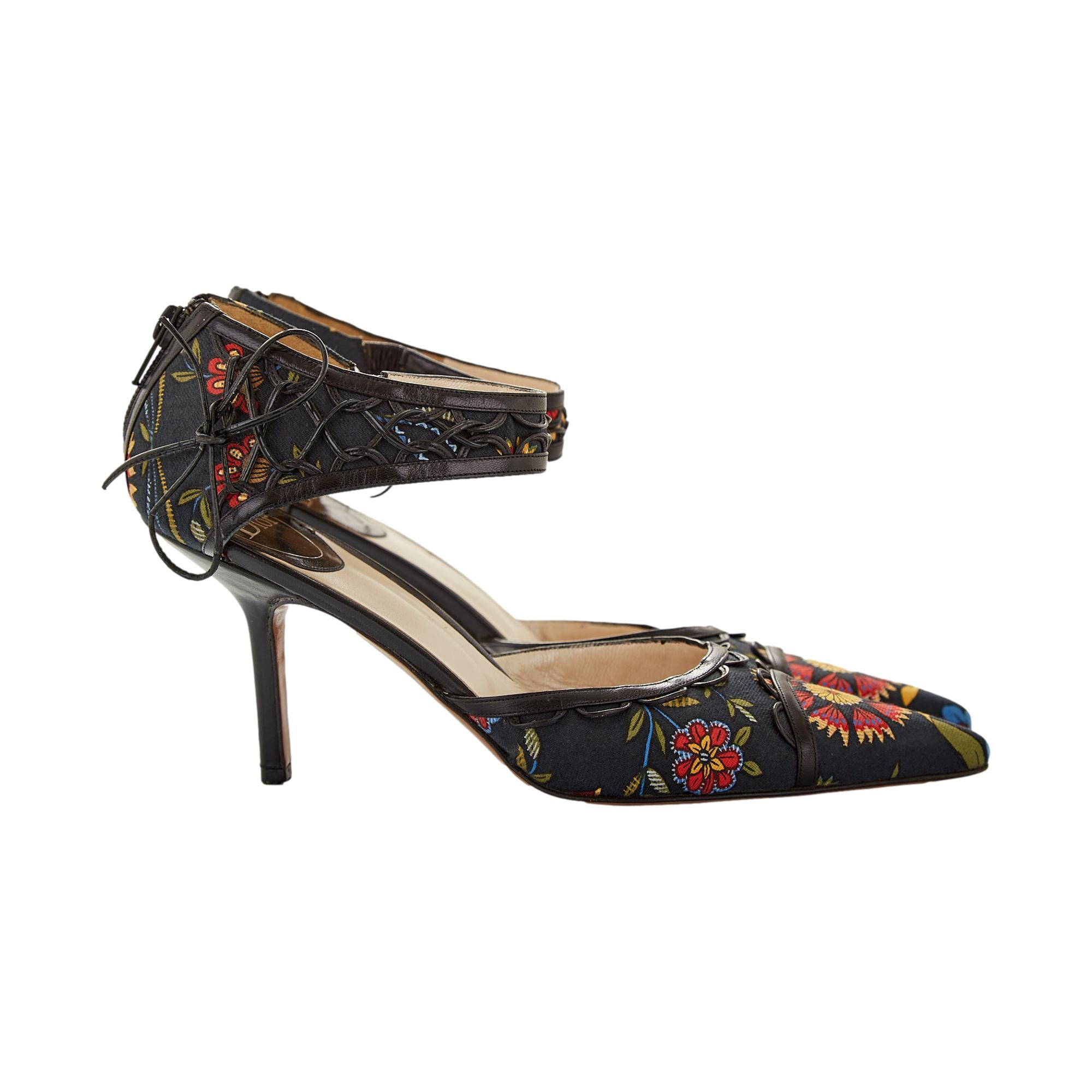 Christian Dior Multi Floral Lace Ankle Strap Heels