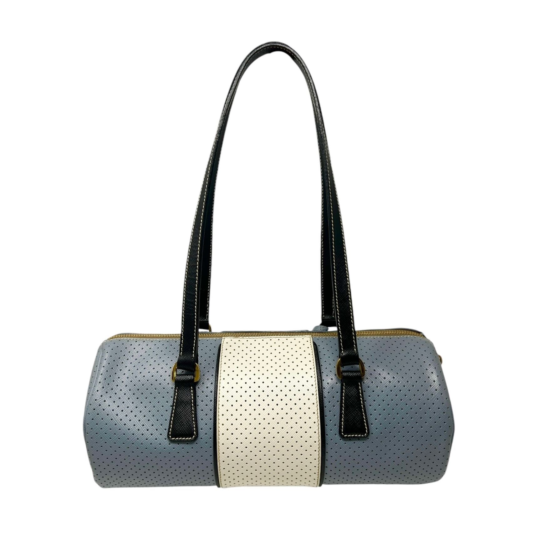 Prada Blue Leather Perforated Cylinder Bag