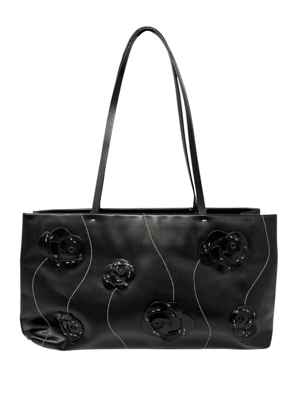 Prada Black Leather Floral Shoulder Bag