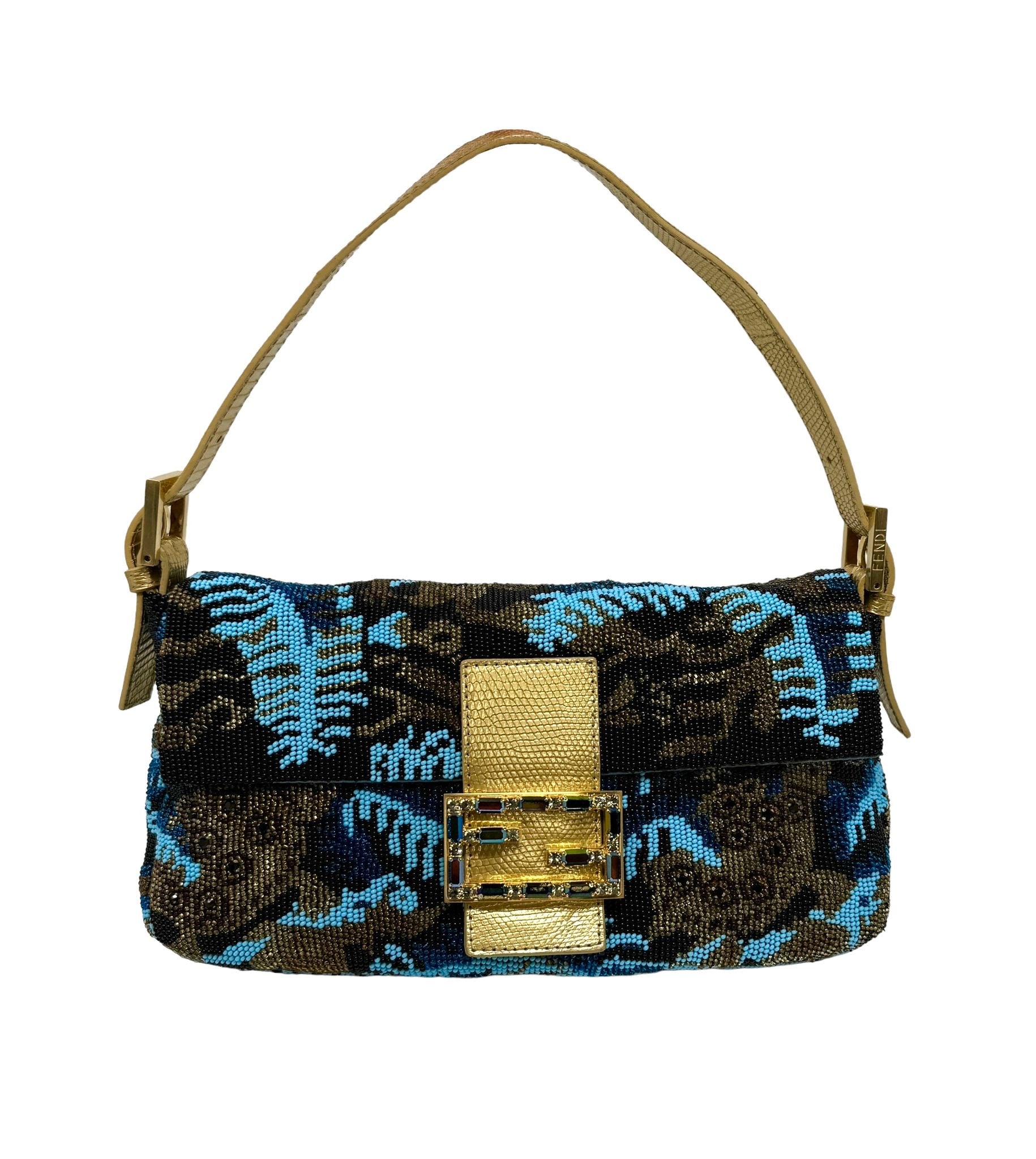 Fendi Blue Multicolor Turtle Beaded Baguette Bag