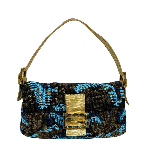 Fendi Blue Multicolor Turtle Beaded Baguette Bag