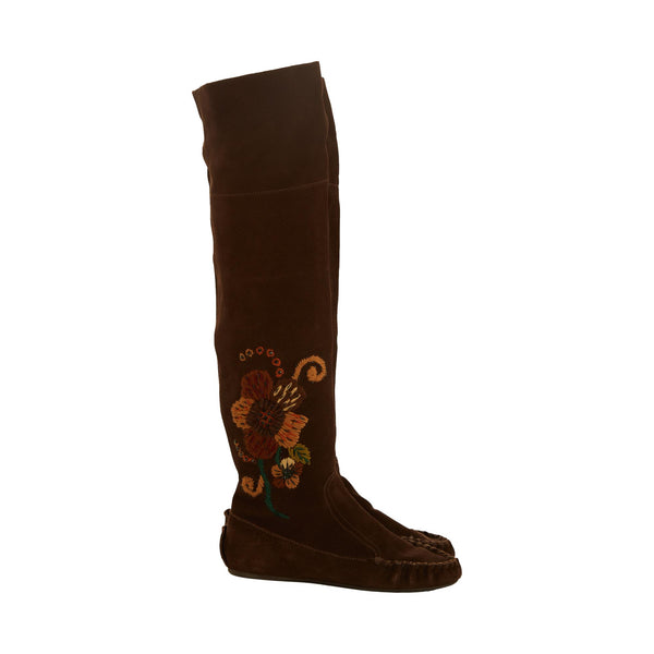 Miu Miu Brown Suede Floral Embroidered Over-Knee Boots