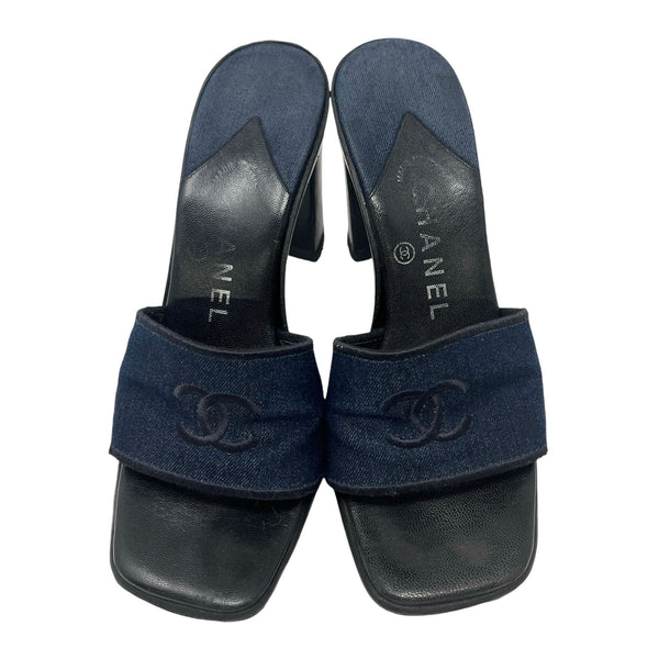 Chanel Denim Logo Block Heels