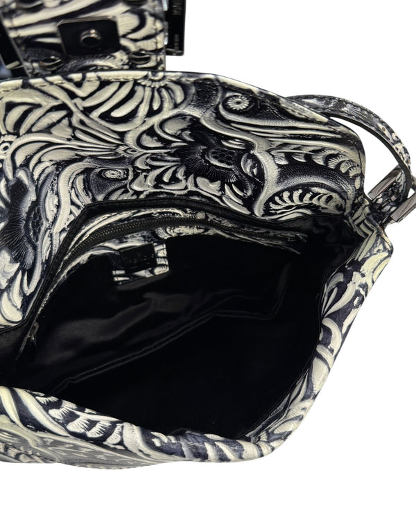 Fendi Grey + Ivory Embossed Leather Baguette Bag