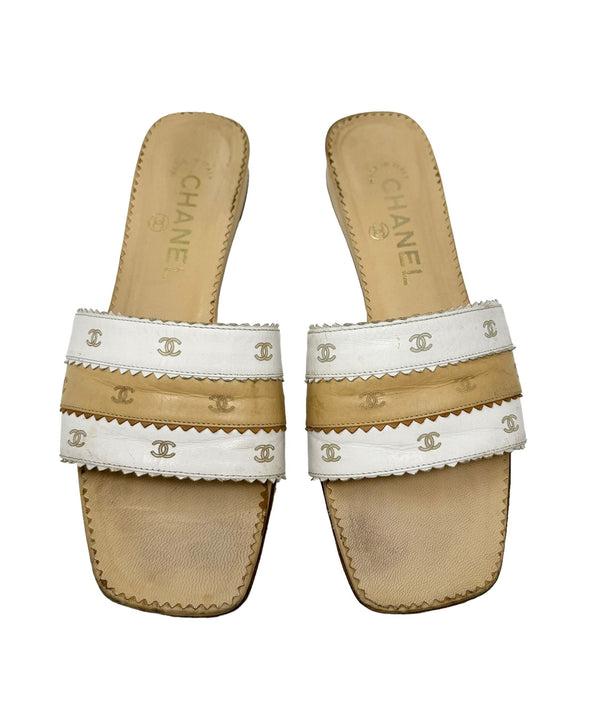 Chanel Cream + Tan Leather Logo Sandals