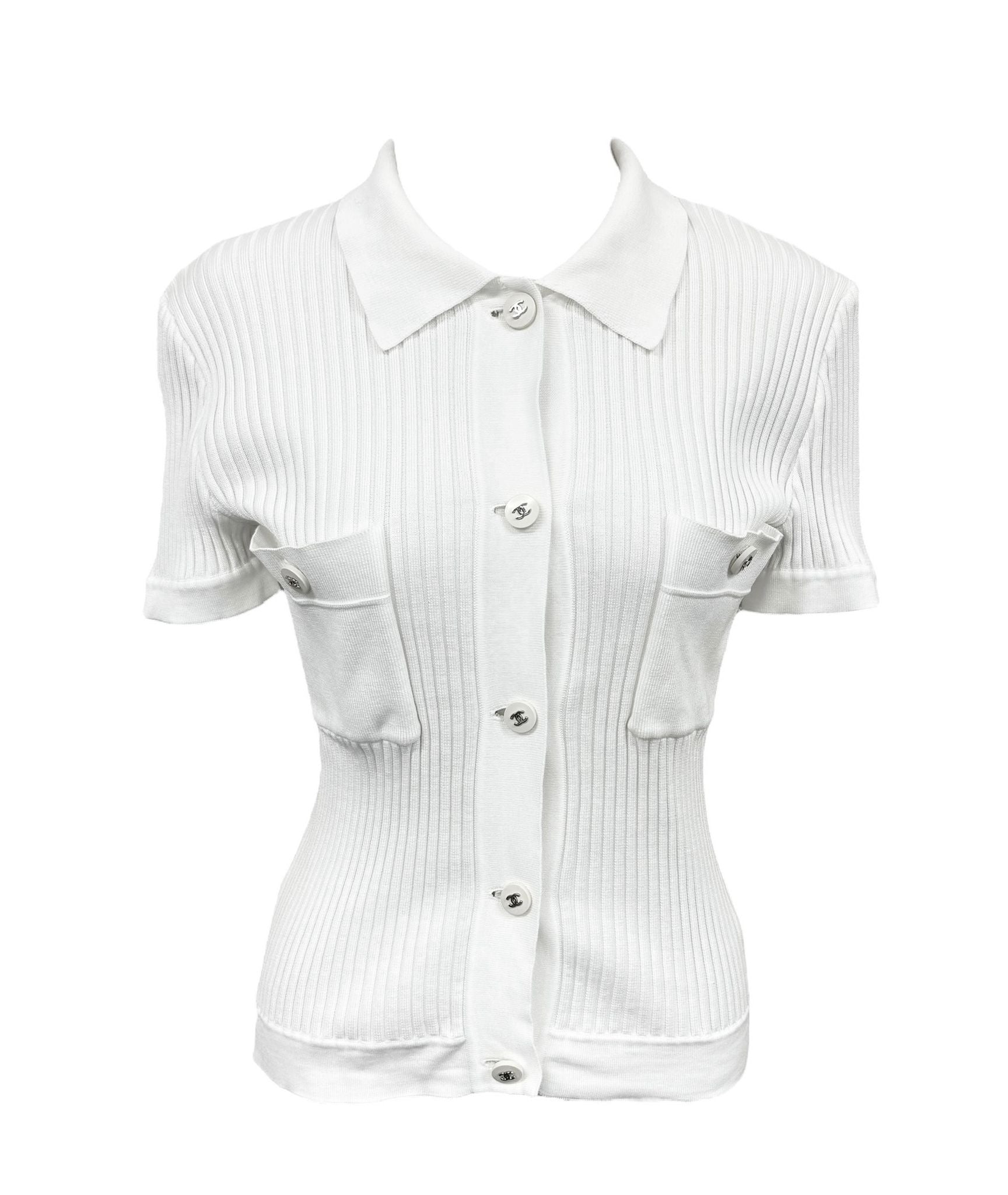 Chanel White Ribbed Logo Short Sleeve Button Down