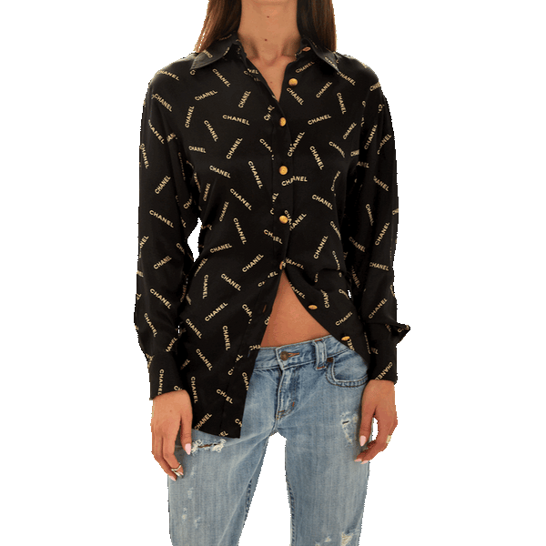 Chanel Black Logo Silk Button Down