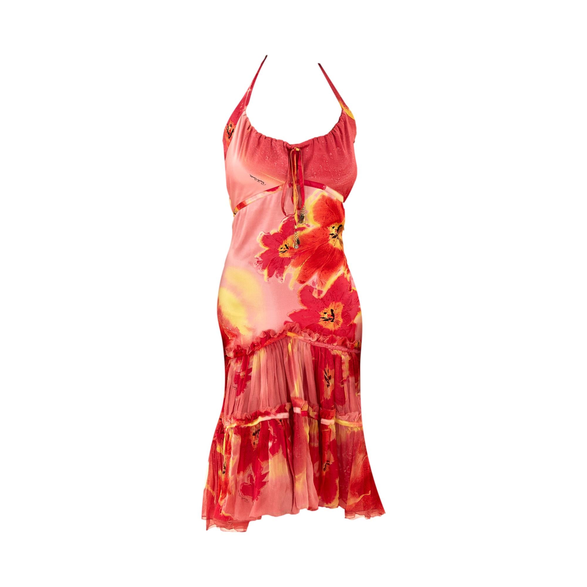 Roberto Cavalli Red Floral Ruffle Dress