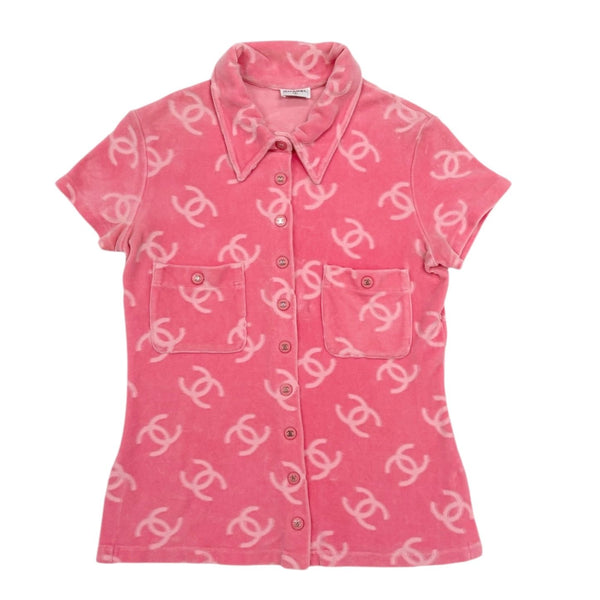 Chanel Pink Velour Button Up Top