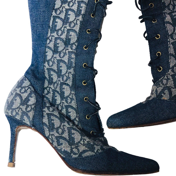 Dior Denim Logo Lace-Up Knee Boots