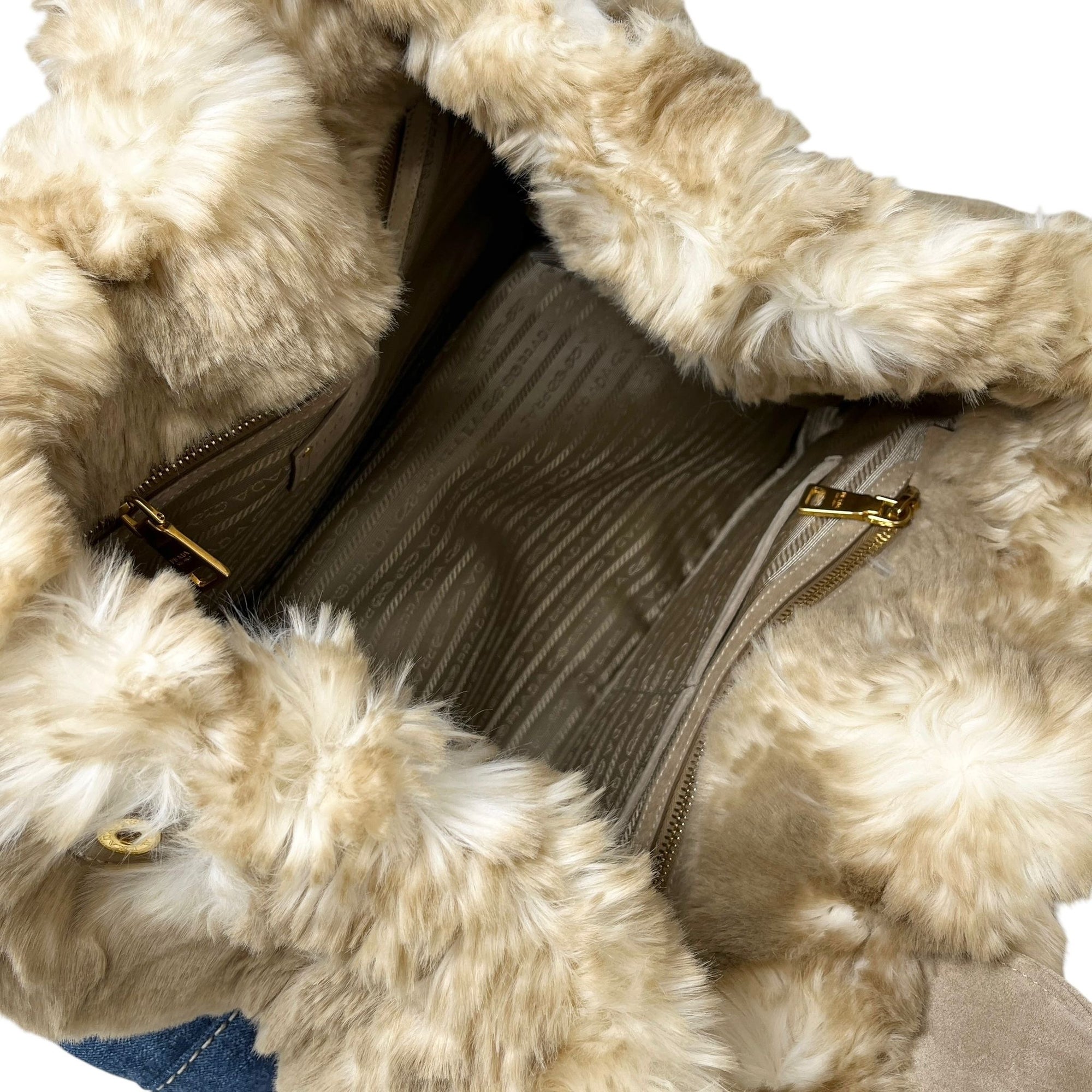 Prada Blonde Fur Denim Top Handle Bag