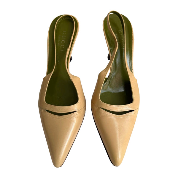 Gucci Beige Logo Leather Slingbacks