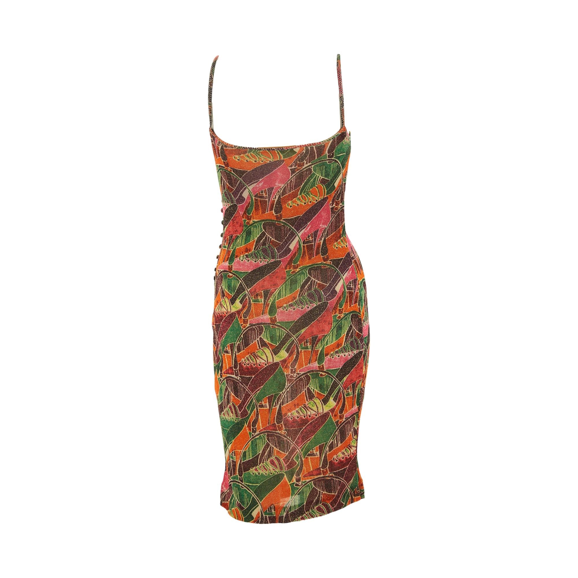 galliano mini dress John Galliano Multicolor Heel Print Mini Dress