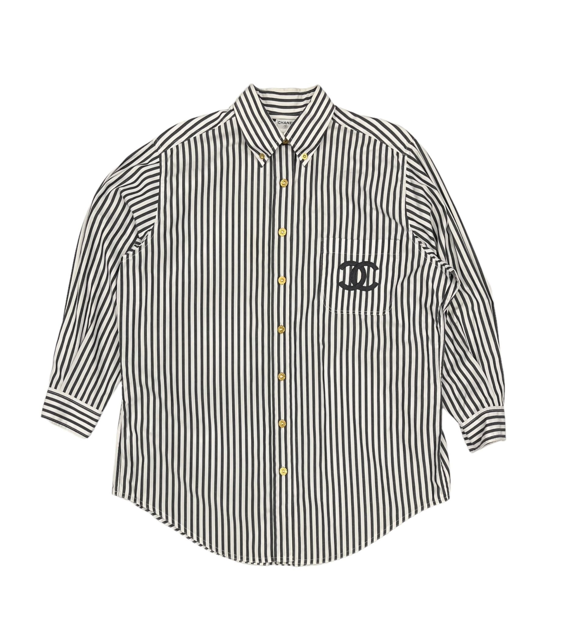 Chanel Oversized Black + White Striped Button Down Top