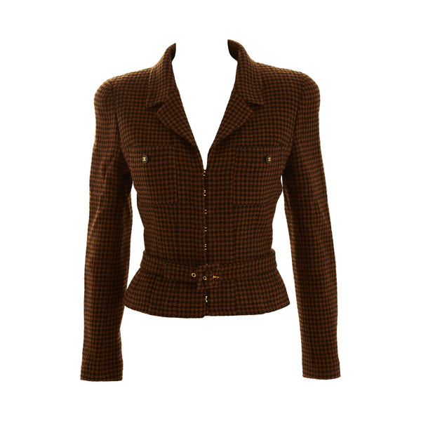 Chanel Brown Houndstooth Belted Jacket