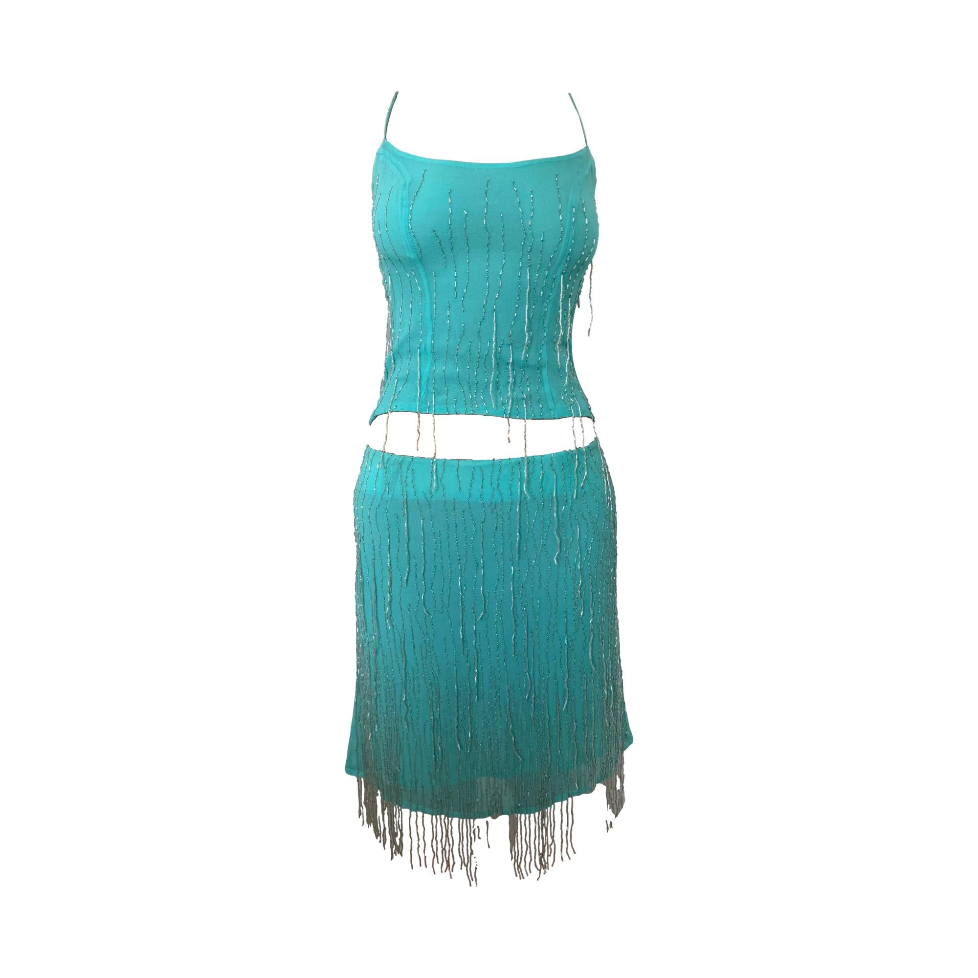 Plein Sud Turquoise Beaded Tank + Fringe Skirt Set