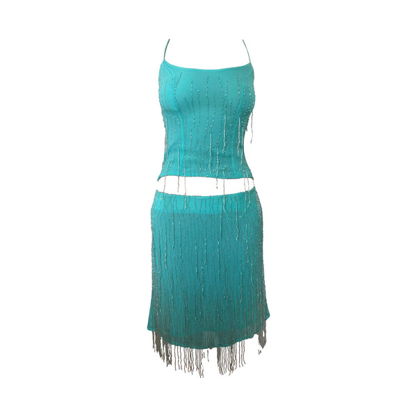 Plein Sud Turquoise Beaded Tank + Fringe Skirt Set
