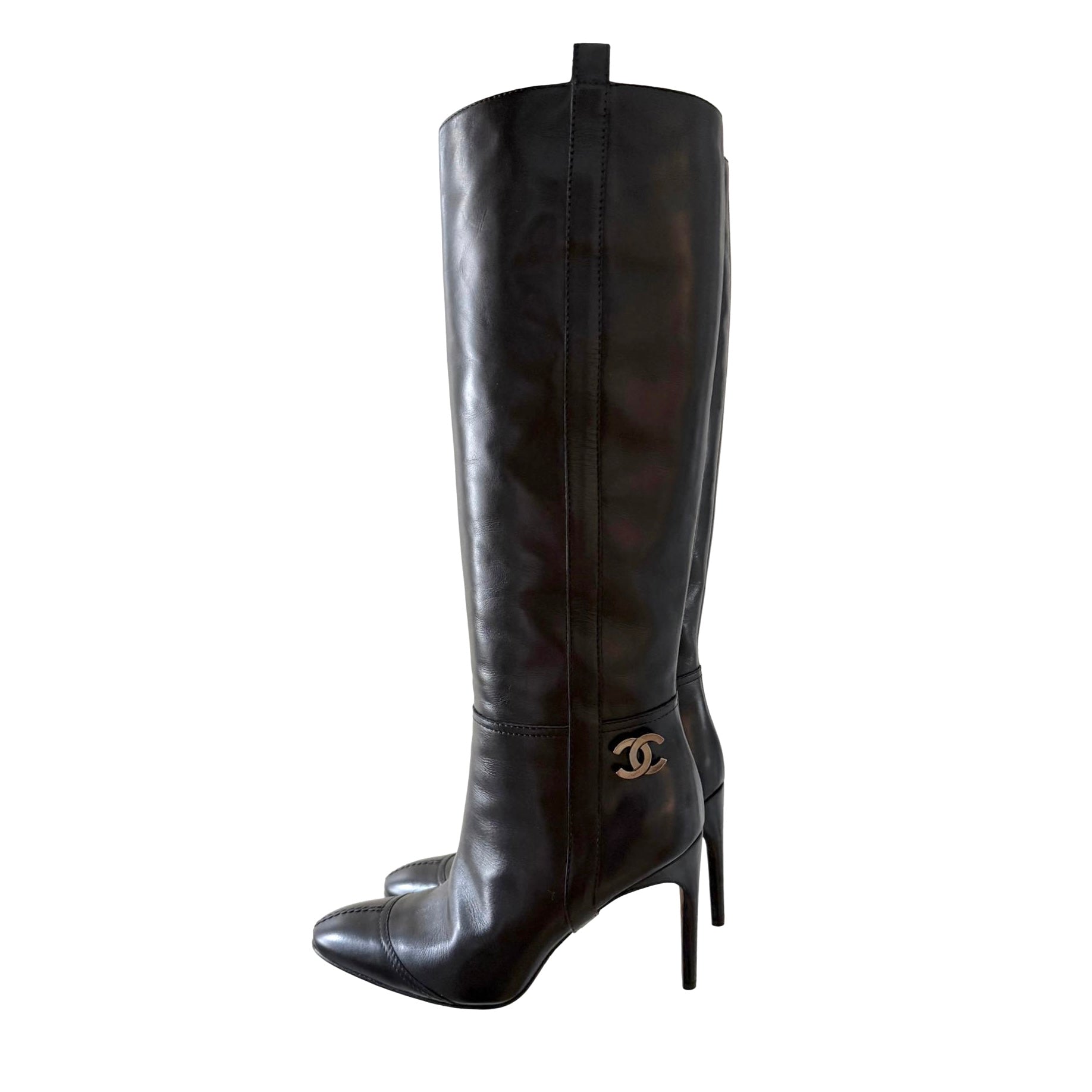 Chanel Black Leather Knee-High Logo Boots