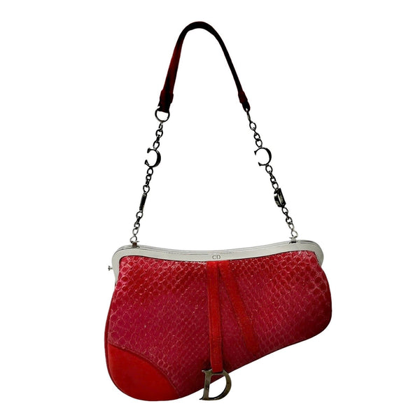 Dior Mini Red Snakeskin Saddle Bag