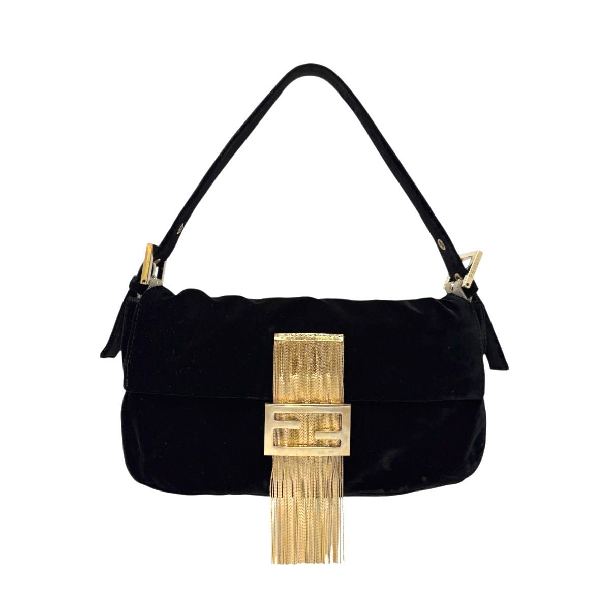 Fendi Black Velvet Fringe Baguette