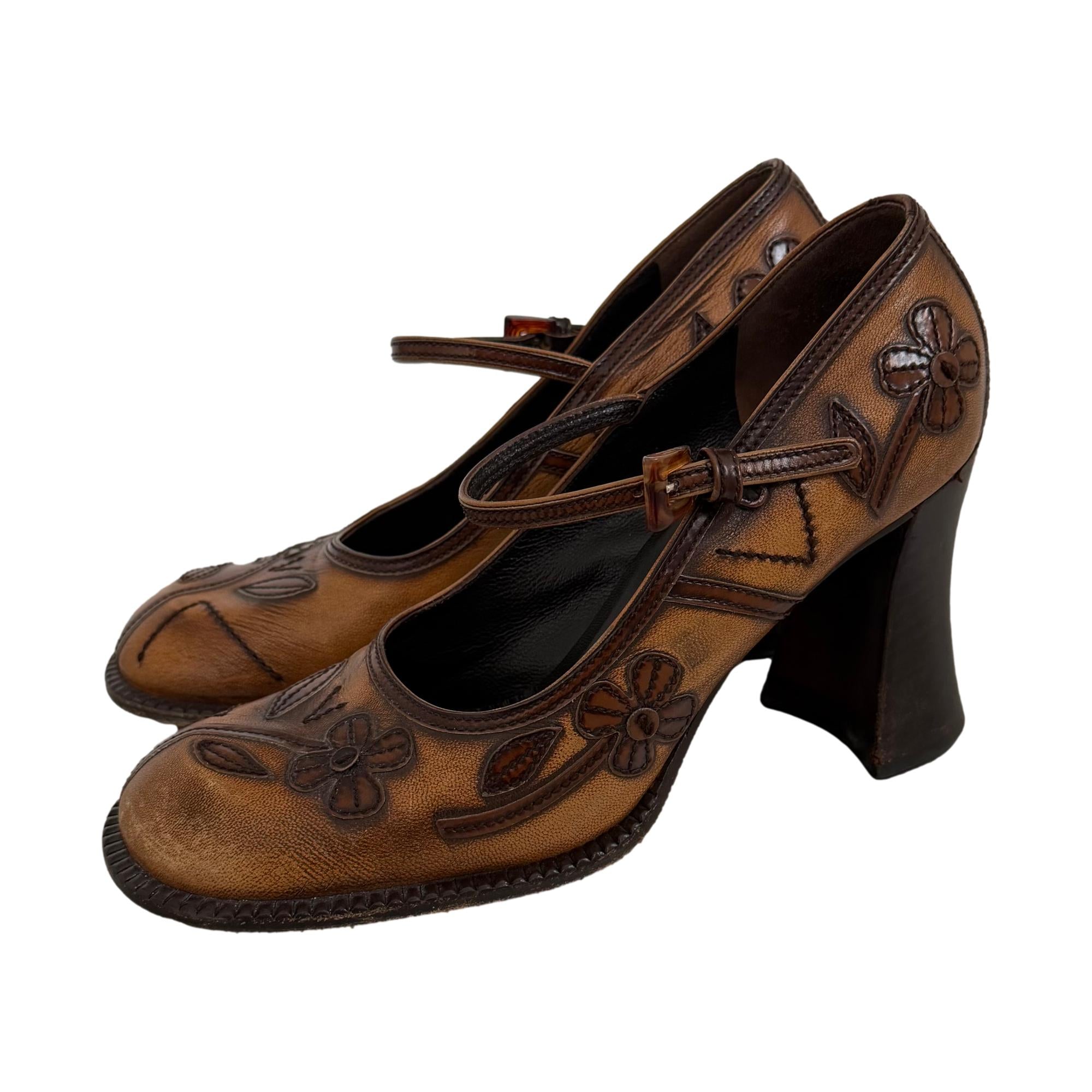 PRADA 花柄刺繍 ブラウンパンプス 中ヒール Prada Brown Floral Mary Jane Heels – Treasures of NYC