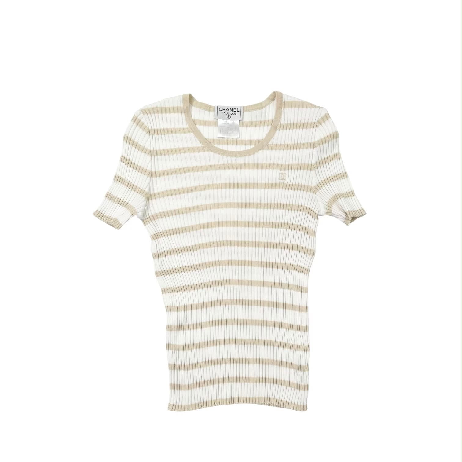 Chanel Tan Striped Short Sleeve Top