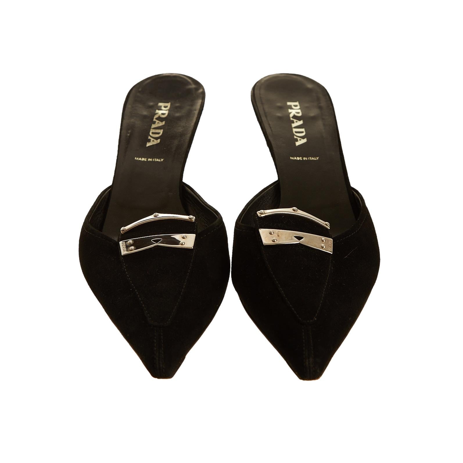 Prada Black Suede Logo Heels