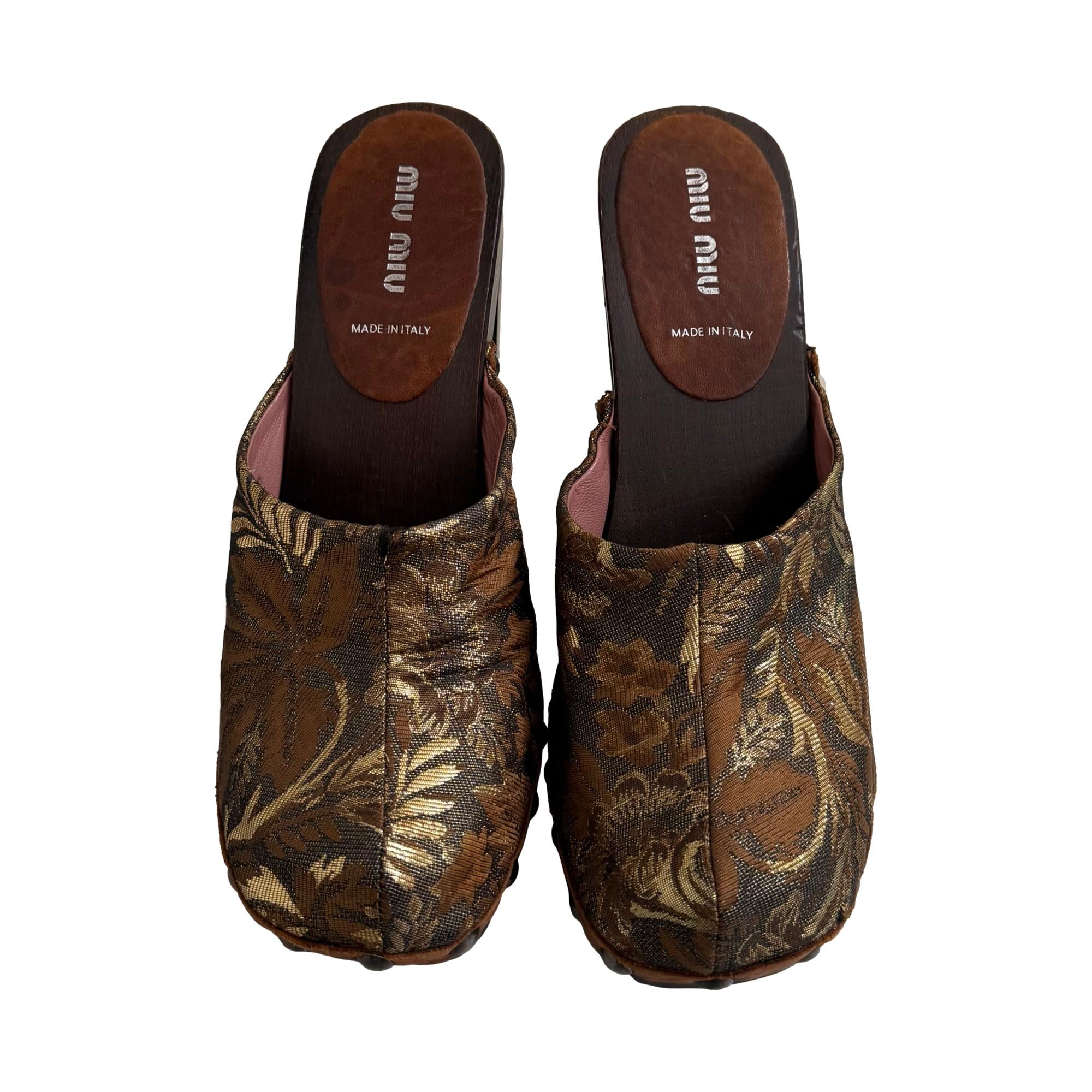 Miu Miu Brown Brocade Wooden Clogs