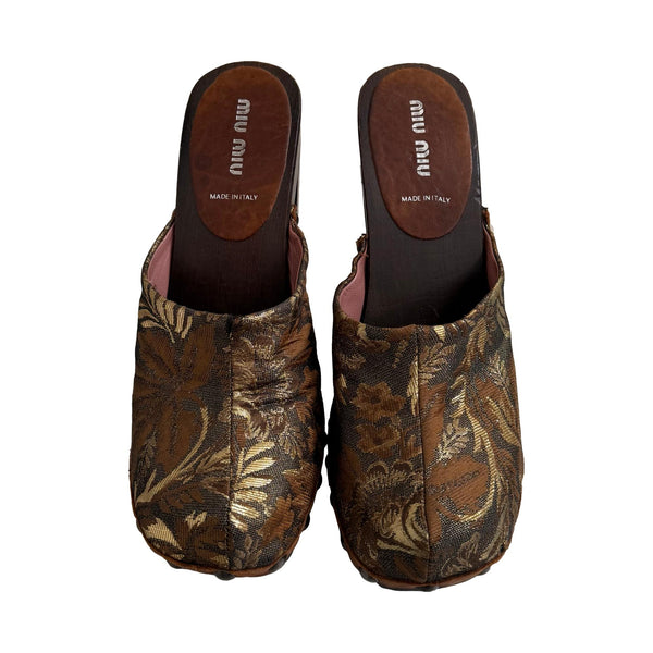 Miu Miu Brown Brocade Wooden Clogs