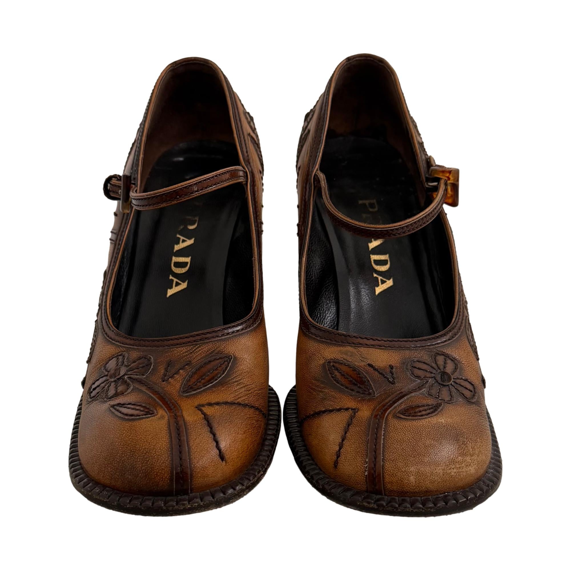 Prada Brown Floral Mary Jane Heels