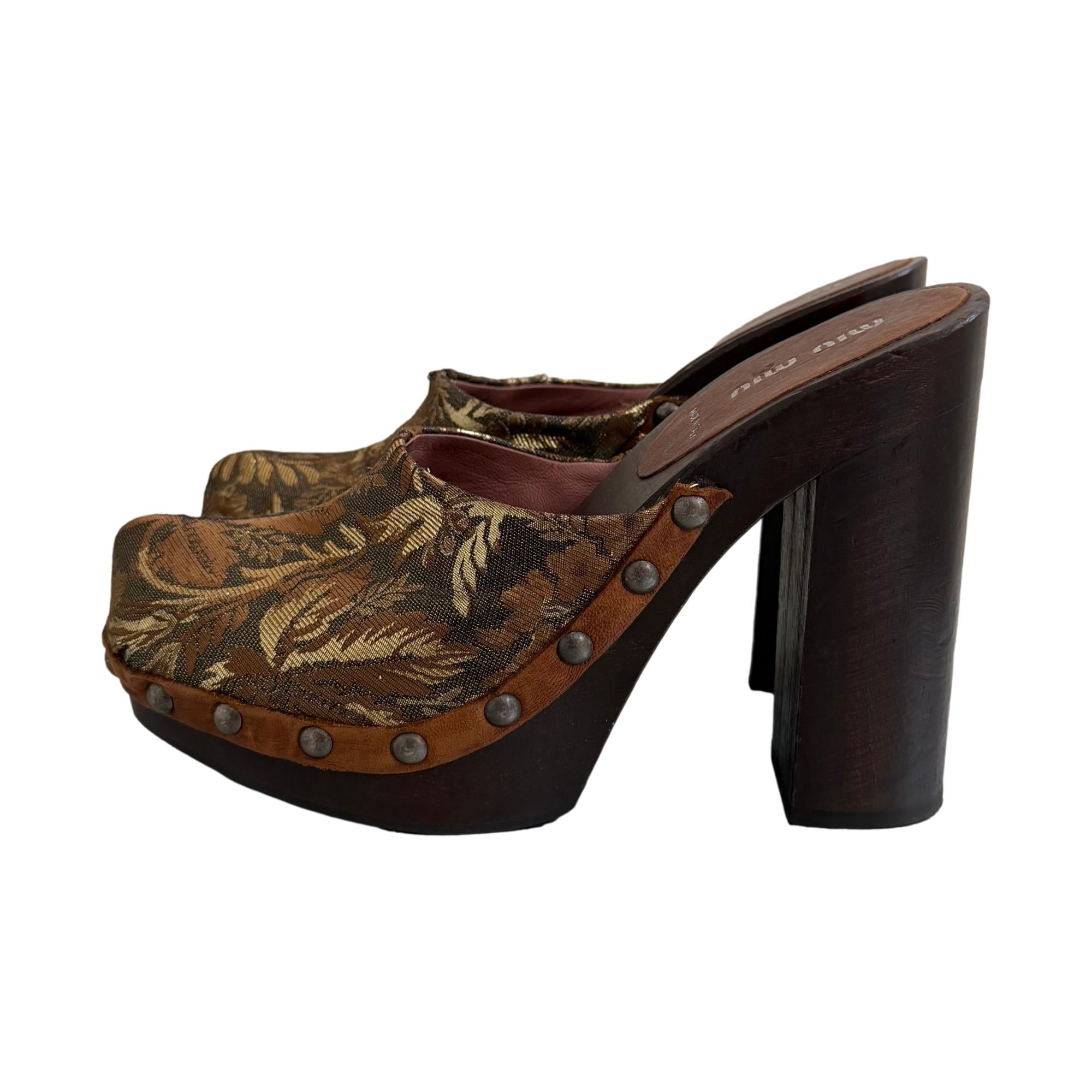 Miu Miu Brown Brocade Wooden Clogs
