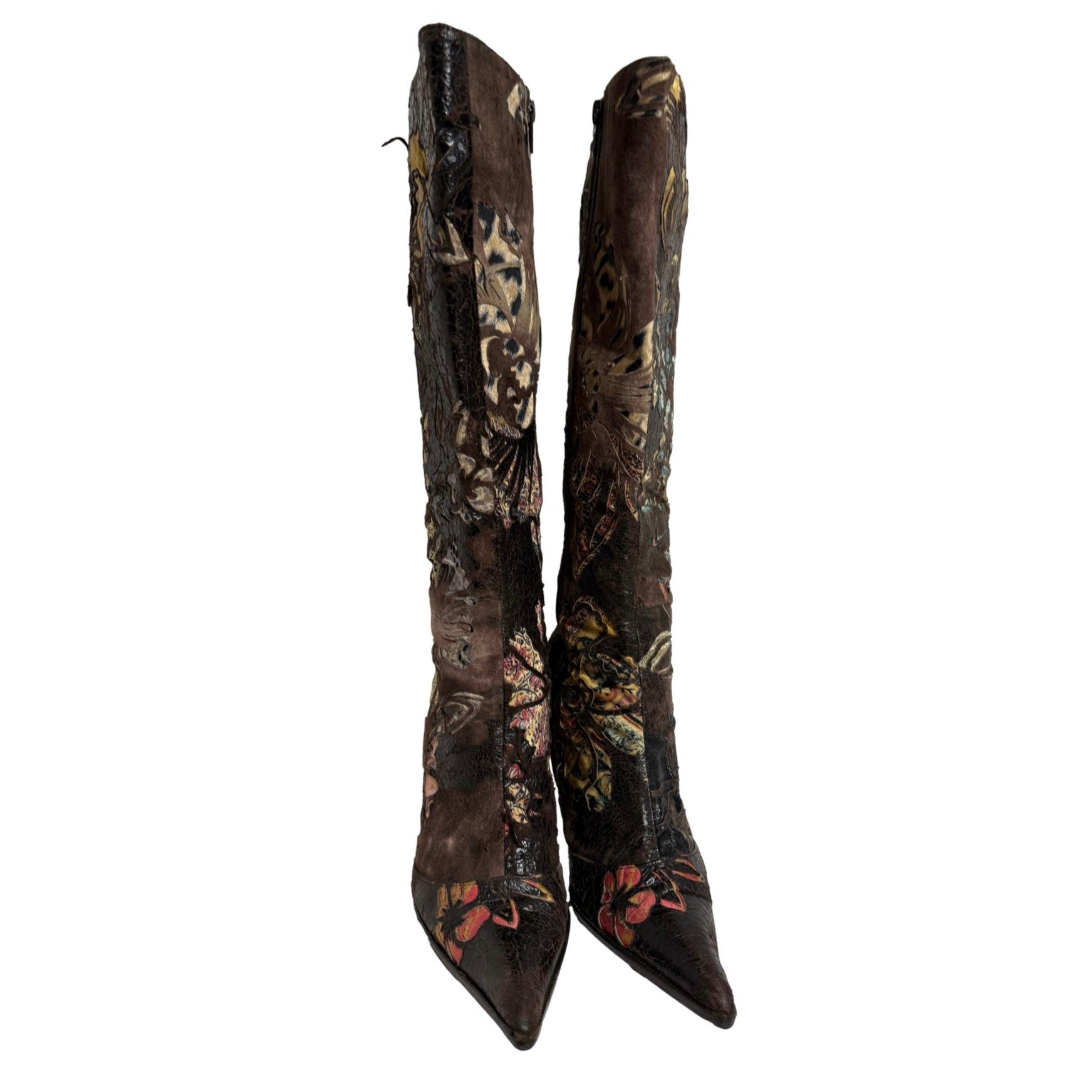 Roberto Cavalli Brown Distressed Floral Boots