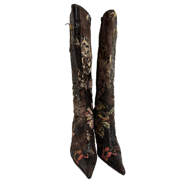 Roberto Cavalli Brown Distressed Floral Boots