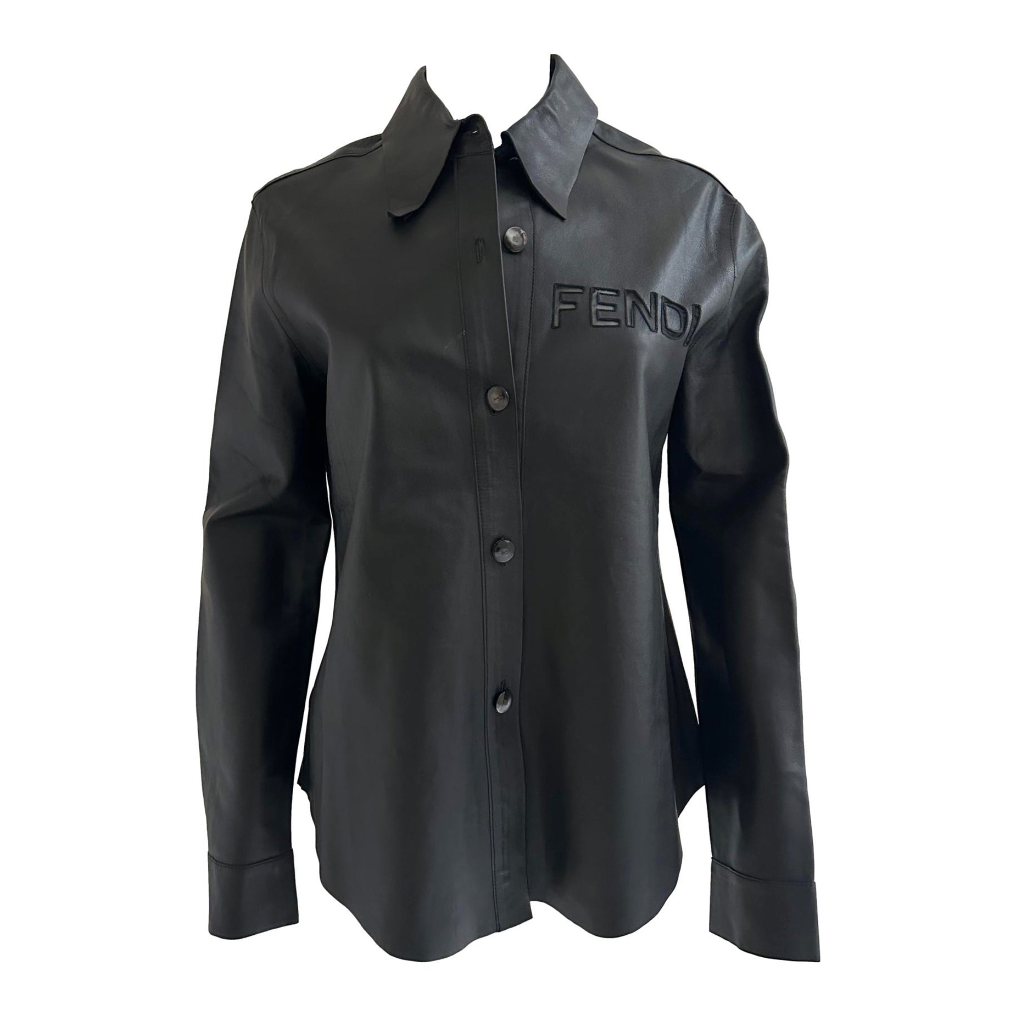 Fendi Black Leather Logo Button Down Top