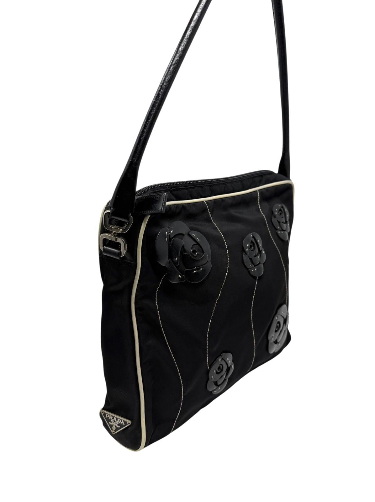 Prada Black Floral Nylon Shoulder Bag