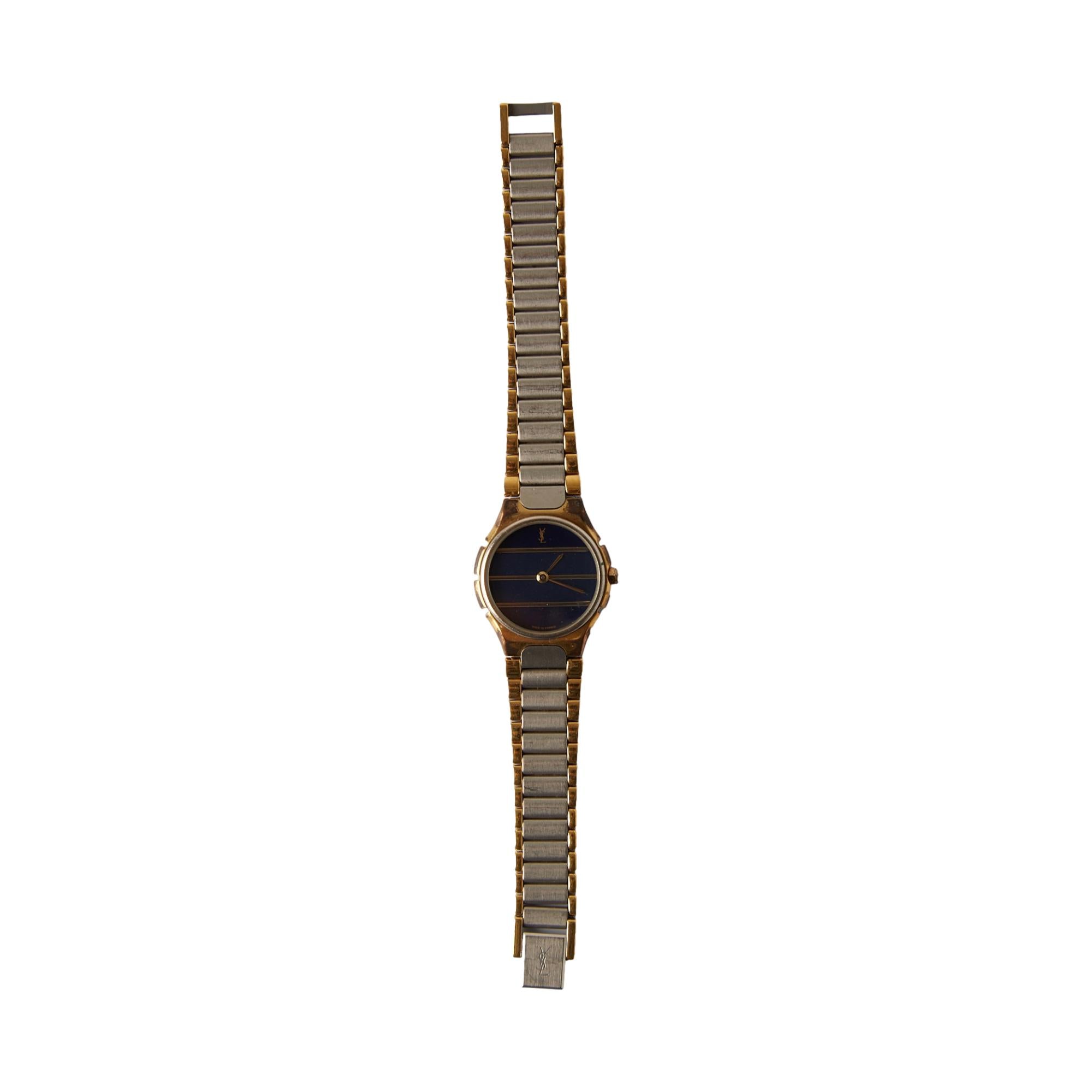 YSL Silver + Gold Striped Navy Watch 3